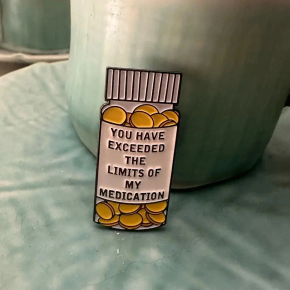 Humorous Pill Bottle Brooch - White and Yellow - Picture 1 of 4
